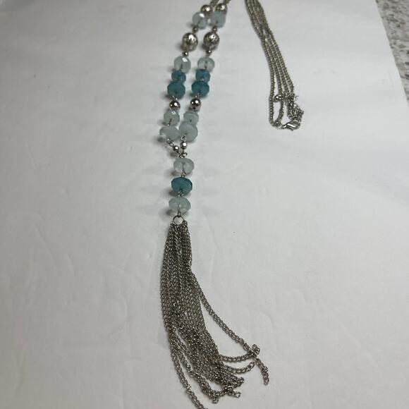 necklace blue faceted beads in silver tone setting tassel chic boho bohemian - Picture 7 of 11